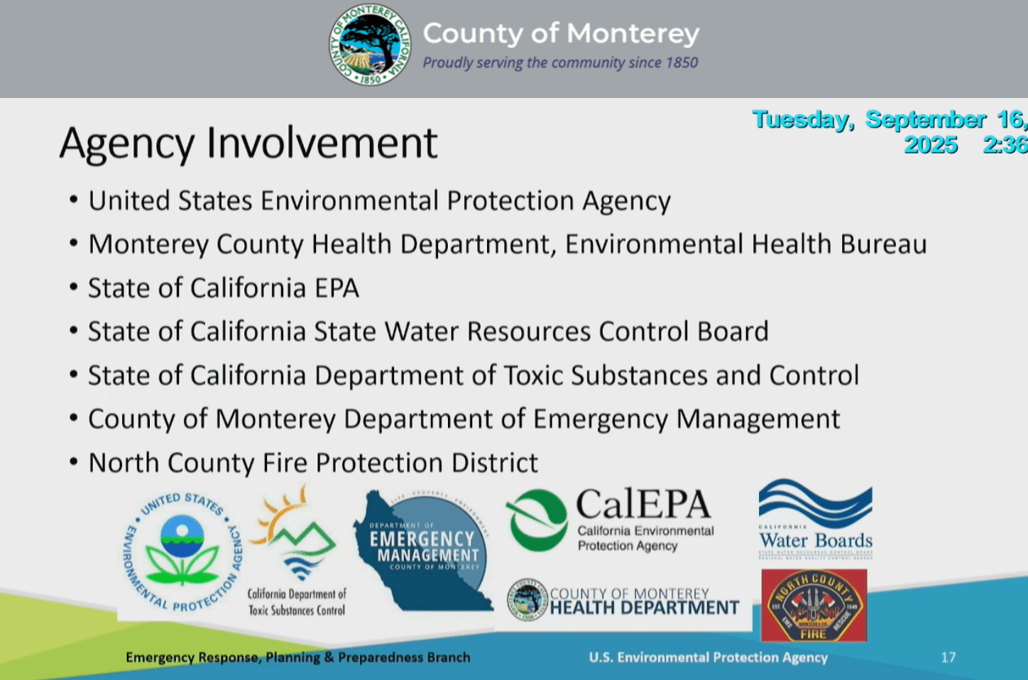 US EPA slide of organizations involved in the Moss Landing clean up